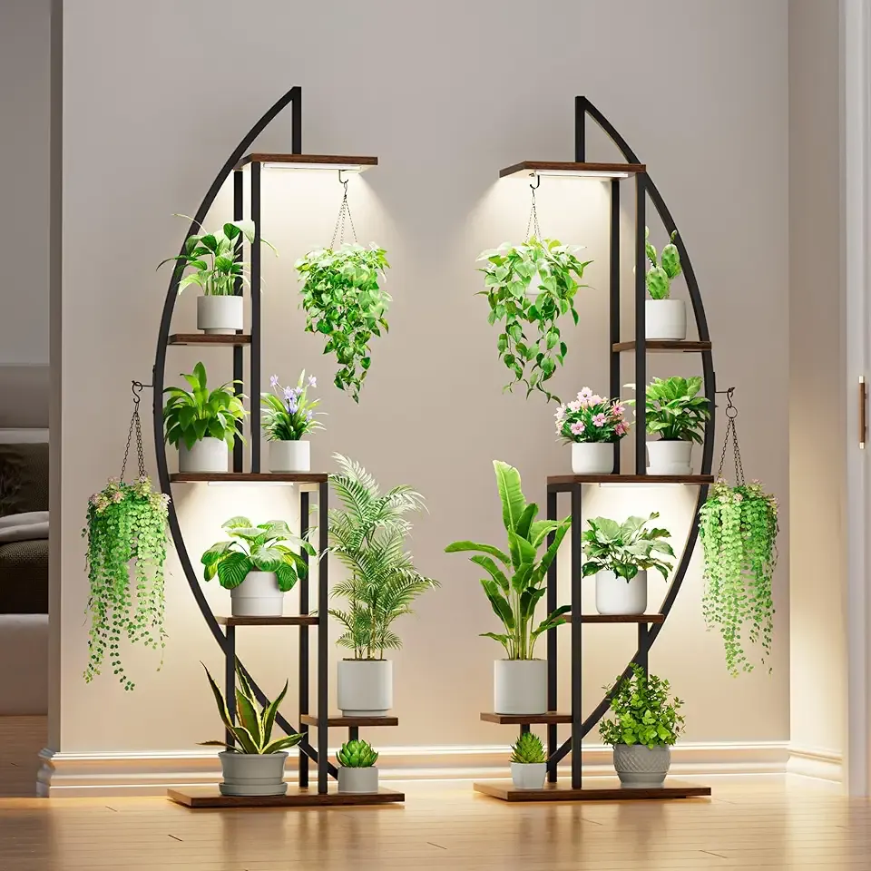Plant Stand Indoor with Grow Lights, 6 Tiered Tall Plant Shelf, 63" Metal Plant Stand for Indoor Plants Multiple, Half-Moon Plant Rack Display Shelf, 2 Pcs Plant Holder for Living Room, Patio