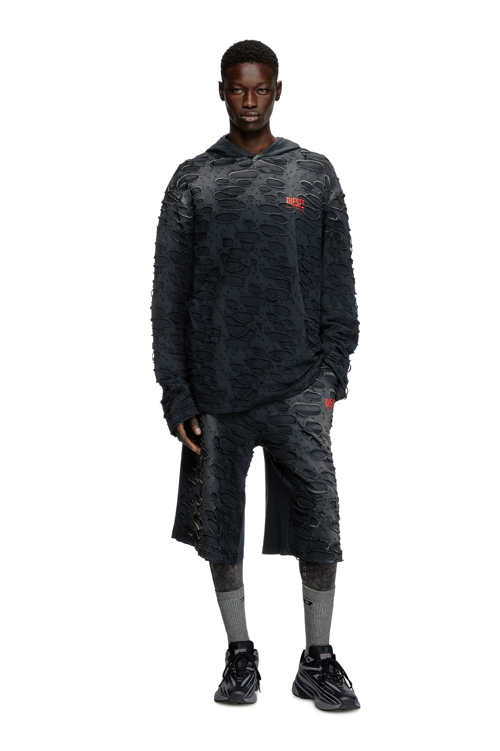 Hooded long-sleeve T-shirt with holes