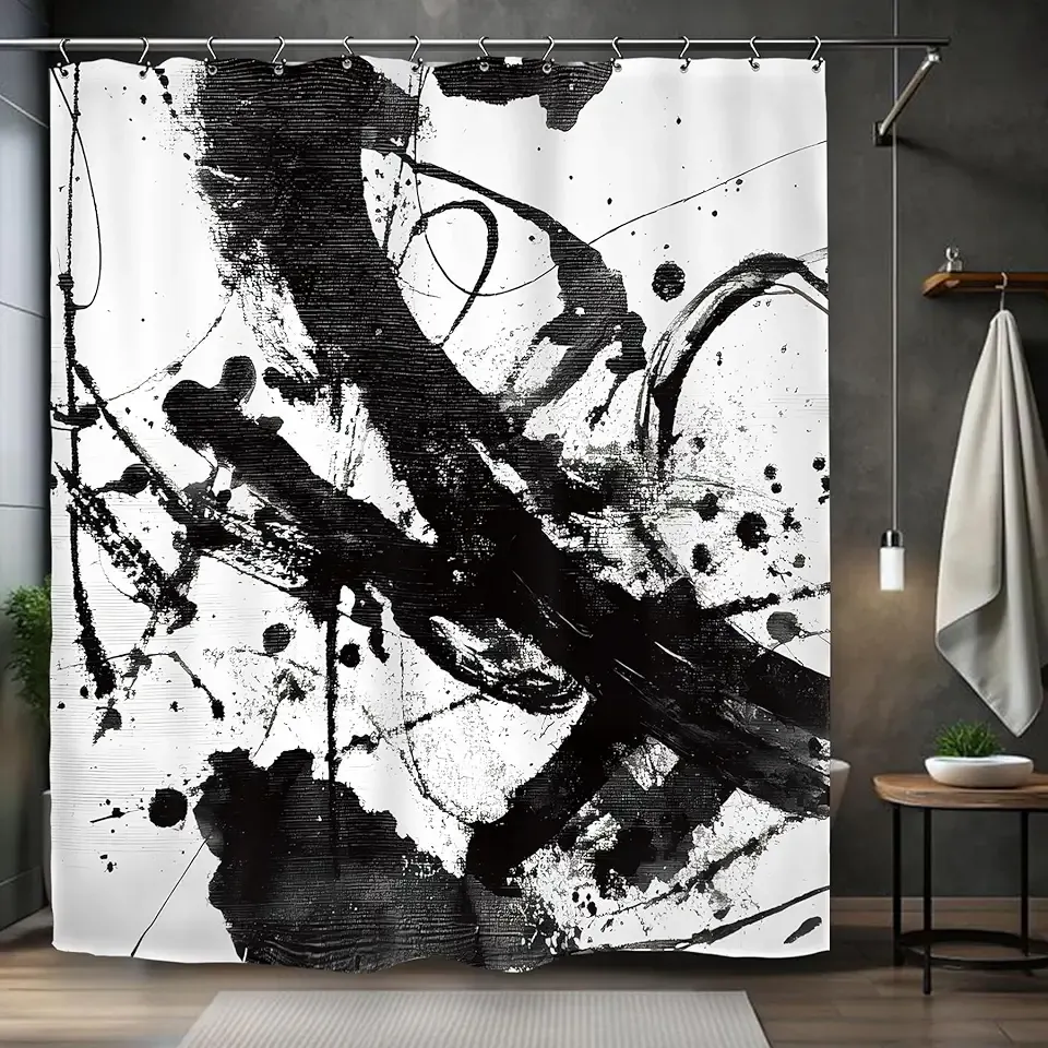 Black White Abstract Ink Shower Curtain 60Wx72L Inch Modern Contemporary Minimalist Neutral Simple Bathroom Set Accessories Decor with 12 Pack Hooks