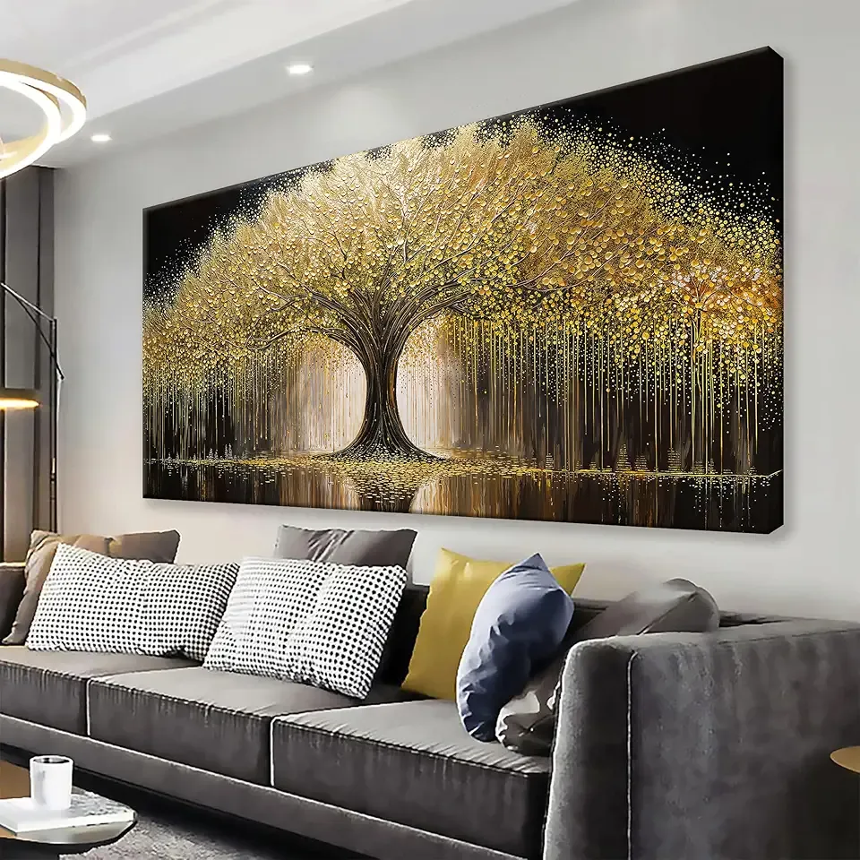 Large Golden Tree Of Life Wall Art Decor Modern Ready To Hang Room Wall Decor Large Wall Art For Living Room Kitchen Office Bedroom Canvas Prints Decor 29x58 Inch
