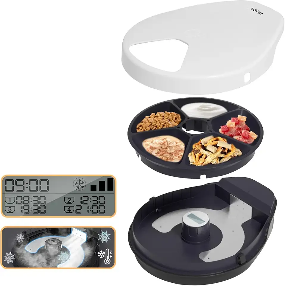 UBPET Cat Wet Food Automatic Feeder with Cooling, Semiconductor Refrigeration, with Timer, 5 Food Compartments for 330g Pet Food Each, Premium Meal Plates, Washable, for Cats