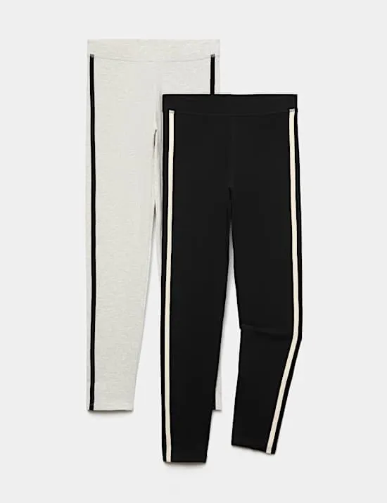 2er-Pack gestreifte Leggings mit hohem Baumwollanteil und Seitenstreifen (6–16 Jahre)