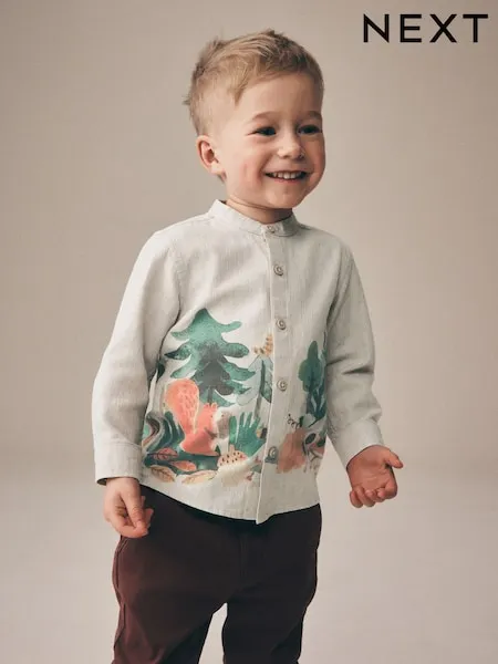 Light Grey Christmas Scene Long Sleeve Grandad Collar Scene Printed Shirt (3mths-10yrs)