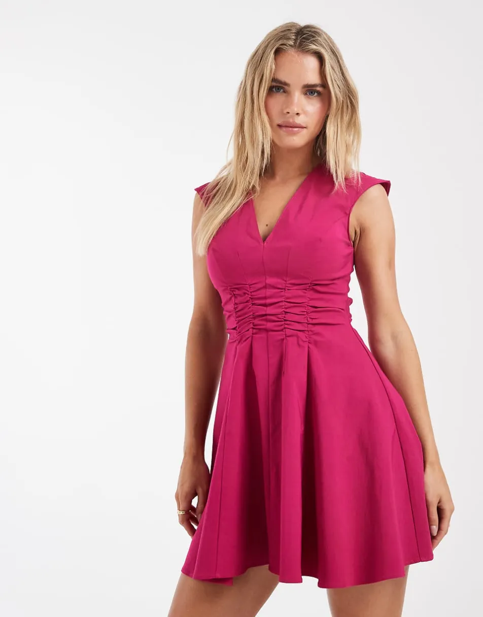 ASOS DESIGN Petite v neck ruched bengaline mini dress in berry