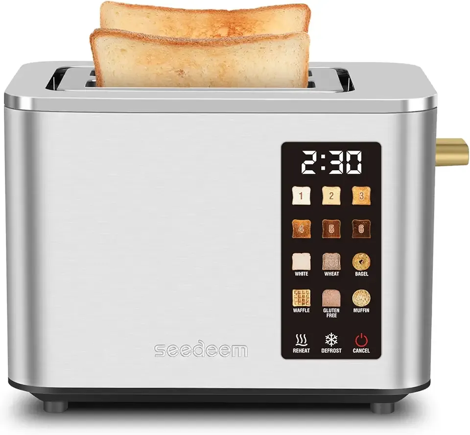 SEEDEEM Toaster 2 Slice, Touch Control Screen, Smart Stainless Toaster, 6 Shade Setting, 6 Bread Selection, Countdown, Removable Crumb Tray, 900W, Silver Metallic