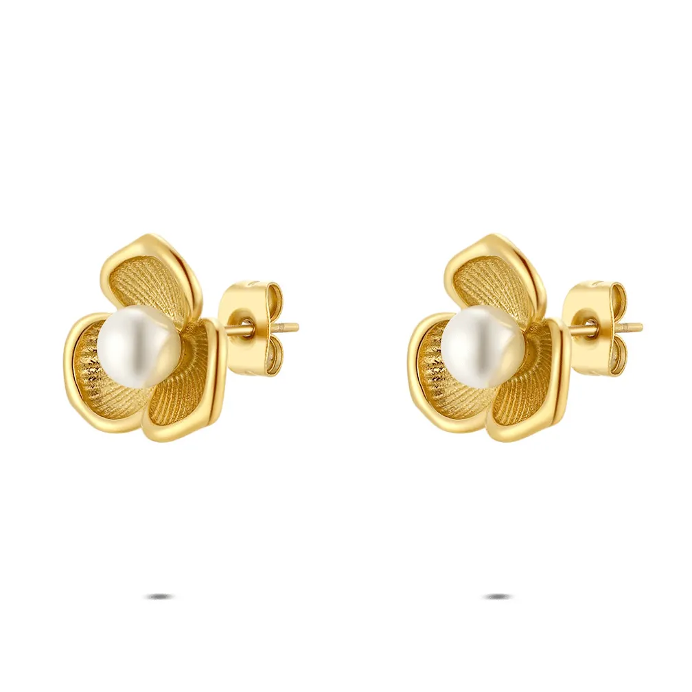 Oorbellen in edelstaal, bloem met parel