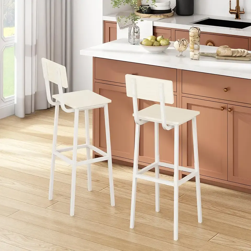 GILLAS Set of 2 Bar Stools, Tall Bar Stool with Backrest and Footrest, Tall Bar Chairs, Industrial Style Counter Height Bar Stool for Dining Room, Kitchen, White