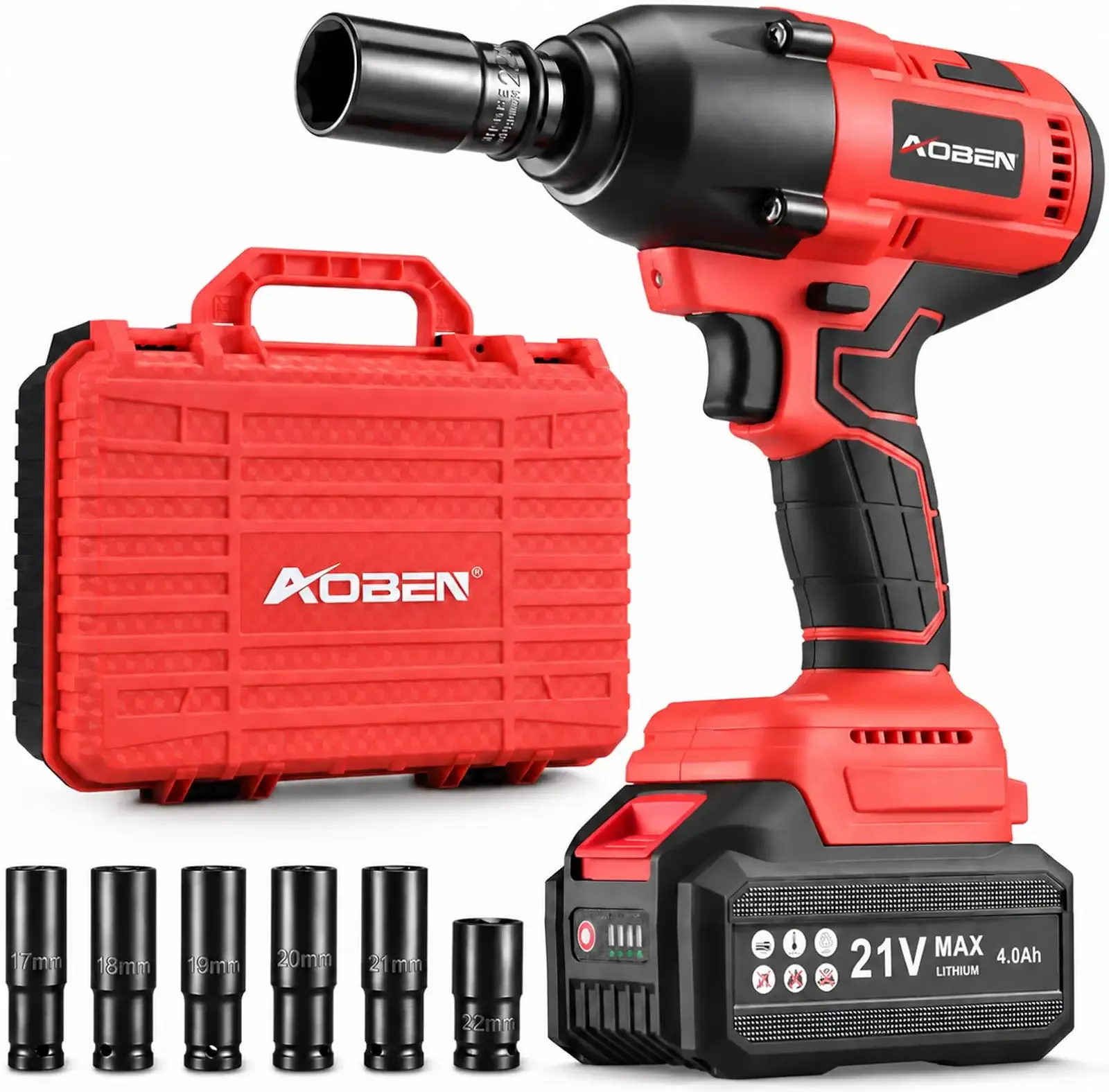 AOBEN Cordless Impact Wrench 1/2 Inch, Power Impact Gun Kit, Max 600N. M/450Ft-lbs High Torque Electric Impact Driver for Car RV Tire, 4.0Ah Battery, Charger, 6 Sockets & Storage Tool Case