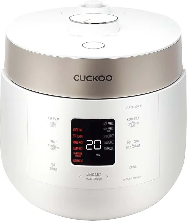 CUCKOO Twin Pressure Rice Cooker 10-Cup Uncooked / 20-Cup Cooked with Nonstick Inner Pot, Large Rice Maker & Warmer with 16 Menu Options, Open Cooking Mode, Voice Guide, White (CRP-ST1009FW)