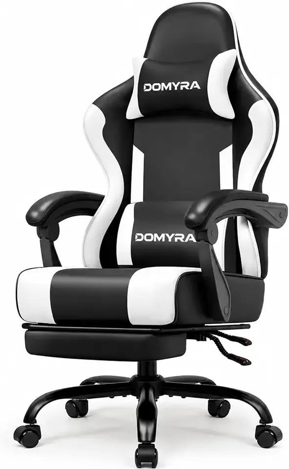 Gaming Chair Gamer Game Ergonomic with Footstool Lumbar Support Deep Black | Headrest, Height and Backrest Adjustable, Deep Black Leather, 210 KG Heavy Duty Load Capacity 52cm Wingless Cushion