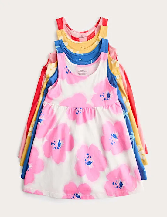 4 Pack Pure Cotton Floral Dresses (2-8 Yrs)