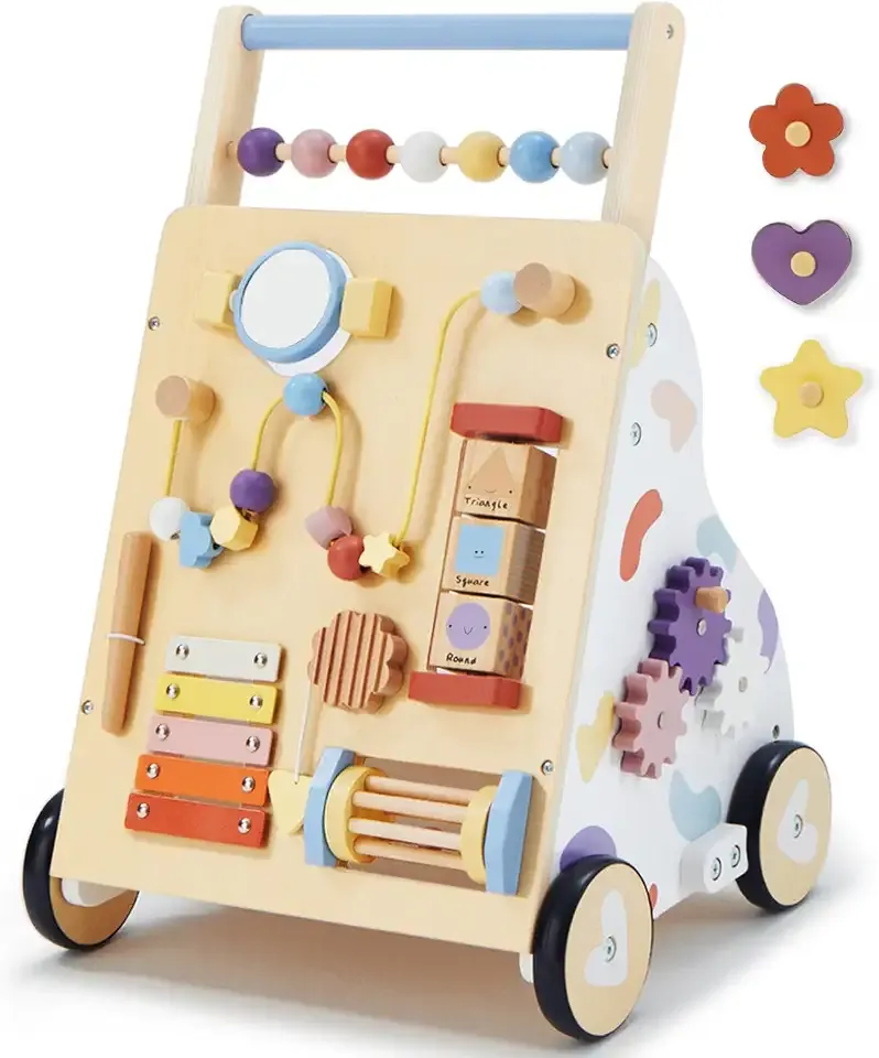 Wooden Baby Walker, Baby Push Walker, Montessori Walker Toy for Babies 12M+ | Learning to Walk & Sit-to-Stand, Adjustable Speed Walkers for Boys, Baby Activity Center with Sensory Toy for Girls