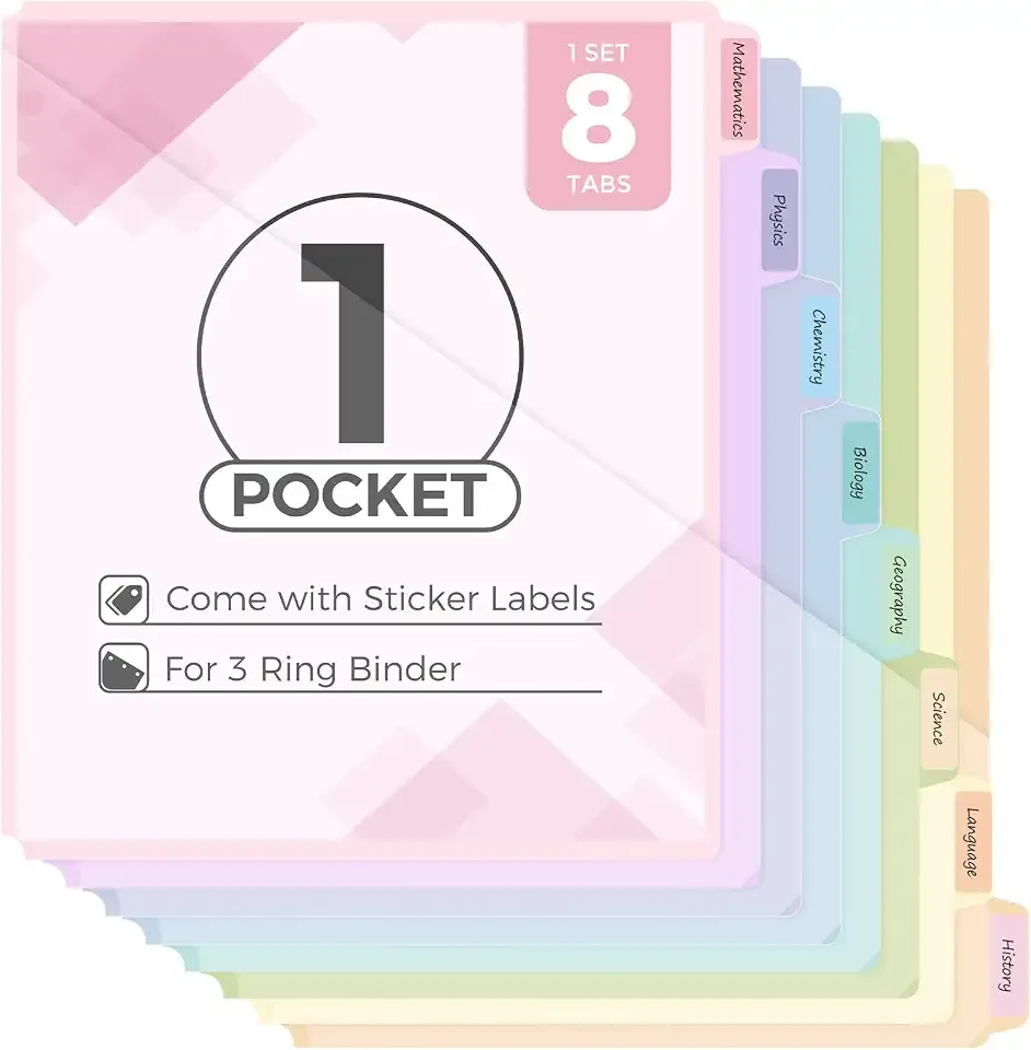 SKYDUE Binder Dividers with Tabs and Pockets, 8 Tabs Dividers for 3 Ring Binder Plastic Binder Dividers for School, Office, Home