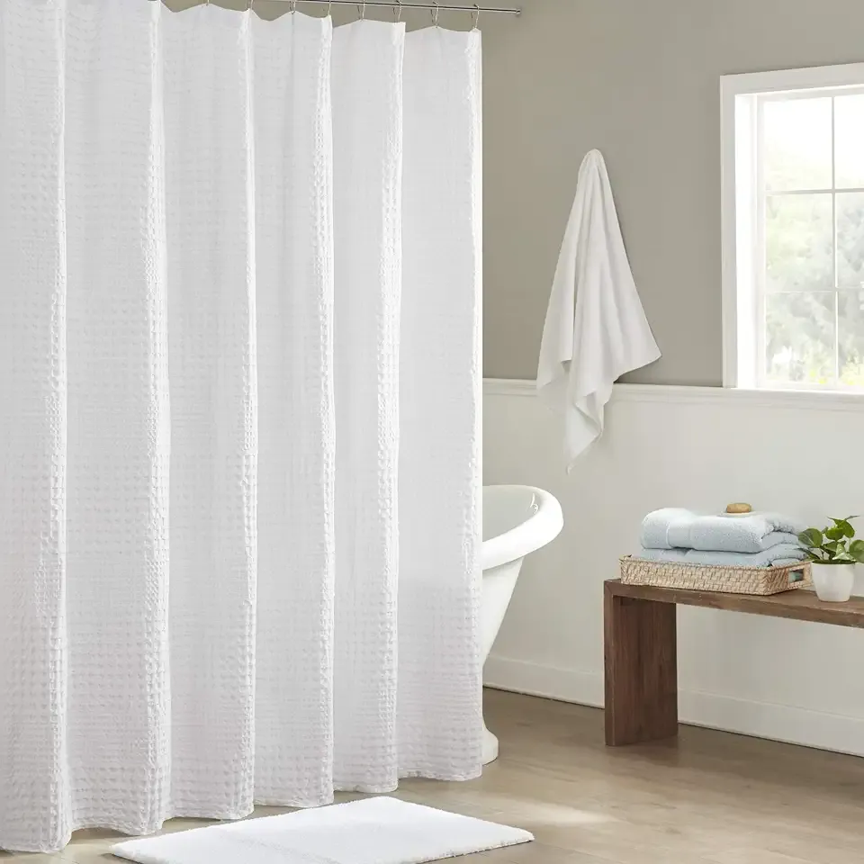Madison Park Arlo 100% Cotton Shower Curtain, Texture Waffle Weave Design Hotel Quality, Soft Trendy Bathroom Décor, Machine Washable, Bathtub Fabric Privacy Screen, 72" x 72", White