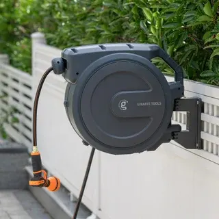 Giraffe Tools Retractable Garden Hose Reel 5/8 in, 82 ft with Metal Bracket and Cover