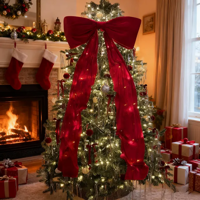 Decoración navideña, lazos grandes para árbol de Navidad, lazo de terciopelo rojo para decoración de árbol de Navidad, bodas, fiestas, 180 cm x 50 cm