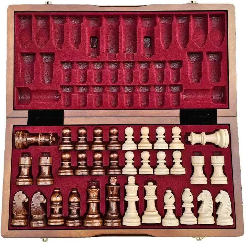 15-Inch Magnetic Wooden Chess Set with Portable Folding Board Extra Queens, and Storage Slots for Adults and Kids, Classic Game Set for Travel & Home,Best Gift for Chess Enthusiasts