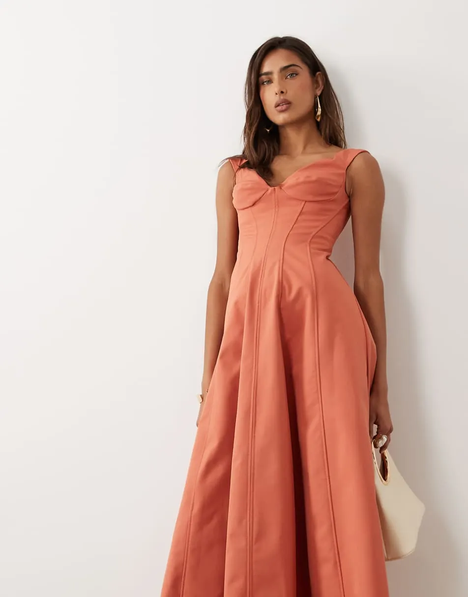 ASOS DESIGN structured midi dress with seaming detail in rust