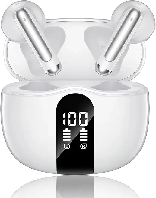 Wireless Earbuds, 2026 Bluetooth 5.4 Headphones Bass Stereo Ear Buds with Noise Cancelling Mic, LED Display in Ear Earphones 50H Playtime Ear Buds, IP7 Waterproof for Laptop Pad Phones Pure White