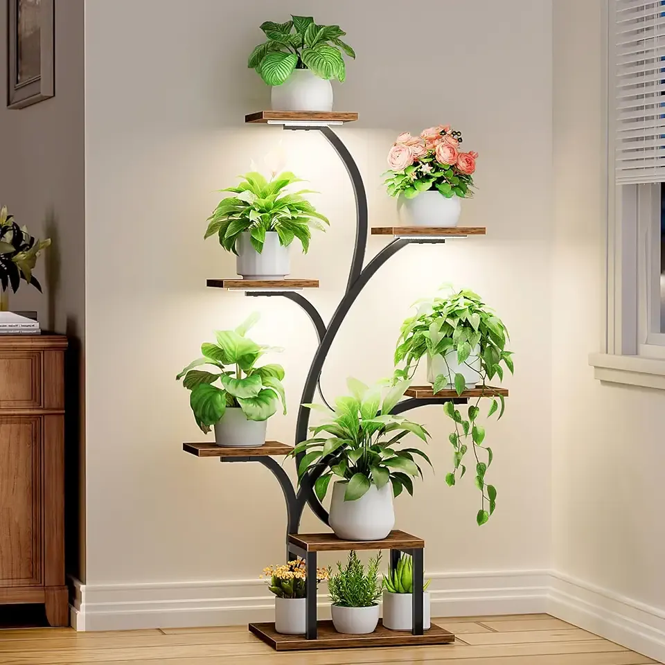 Plant Stand Indoor with Grow Lights, 7 Tiered Indoor Plant Shelf, 49" Corner Plant Stands for Indoor Plants, Metal Plant Flower Display Shelf, Tree-Shaped Plant Rack for Home, Patio, Black