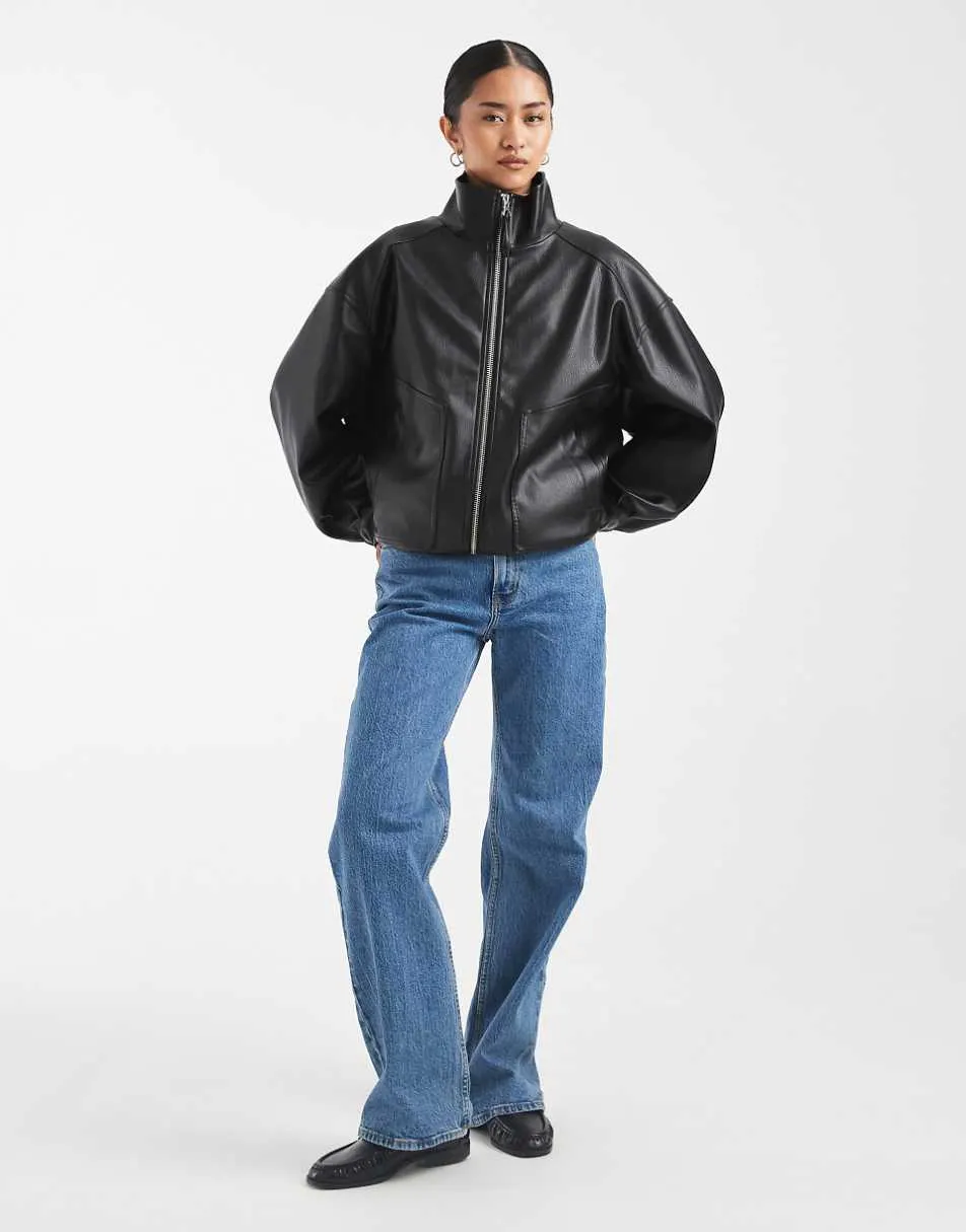 ASOS DESIGN oversized leather look funnel bomber jacket in black