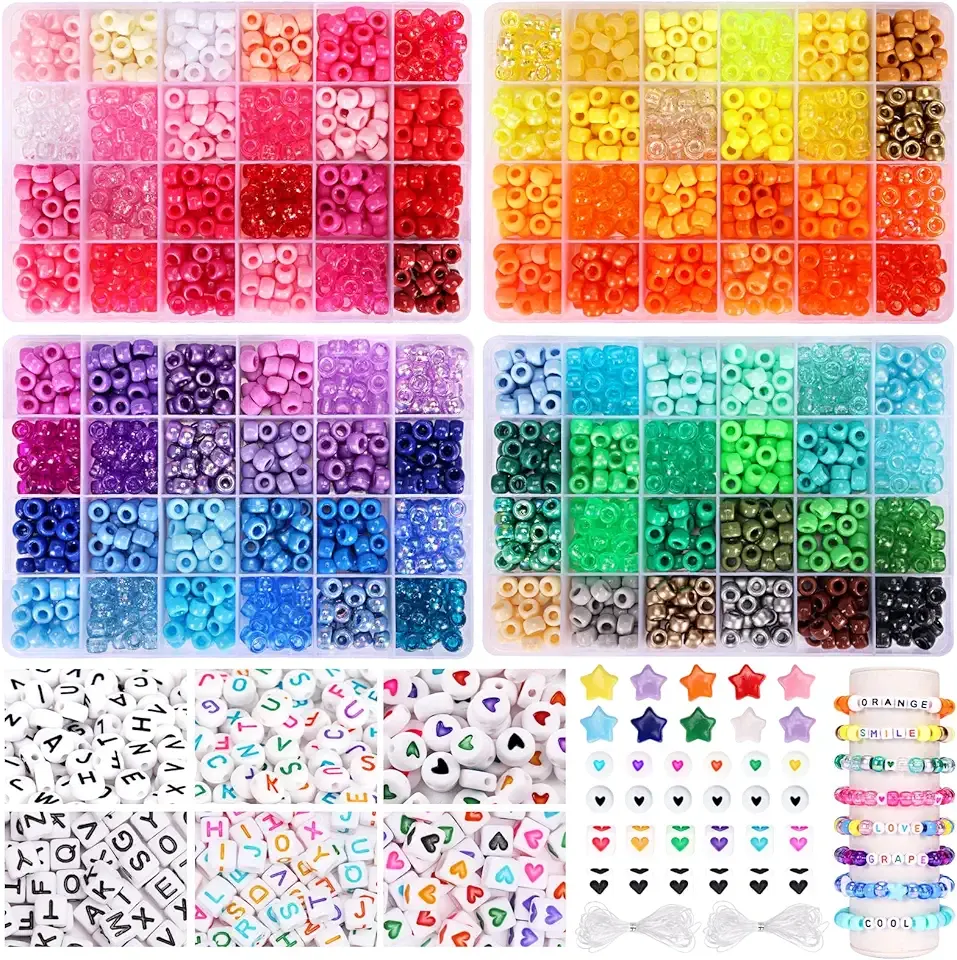 QUEFE 96 Colors 3000pcs Pony Beads Bracelet Making Kit Friendship Bracelet Kit Rainbow Kandi Beads with Letter and Heart Beads Elastic Threads for Jewelry Necklace Making