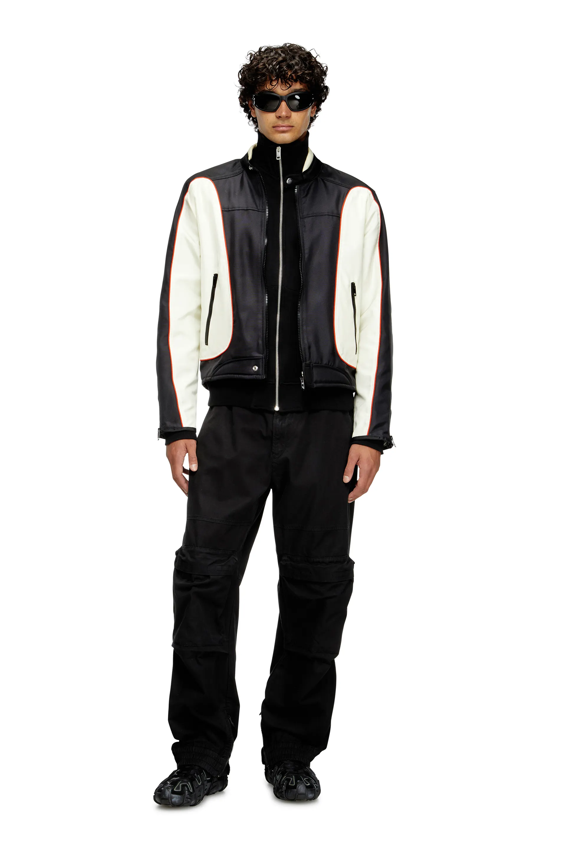 Colour-block biker jacket with piping