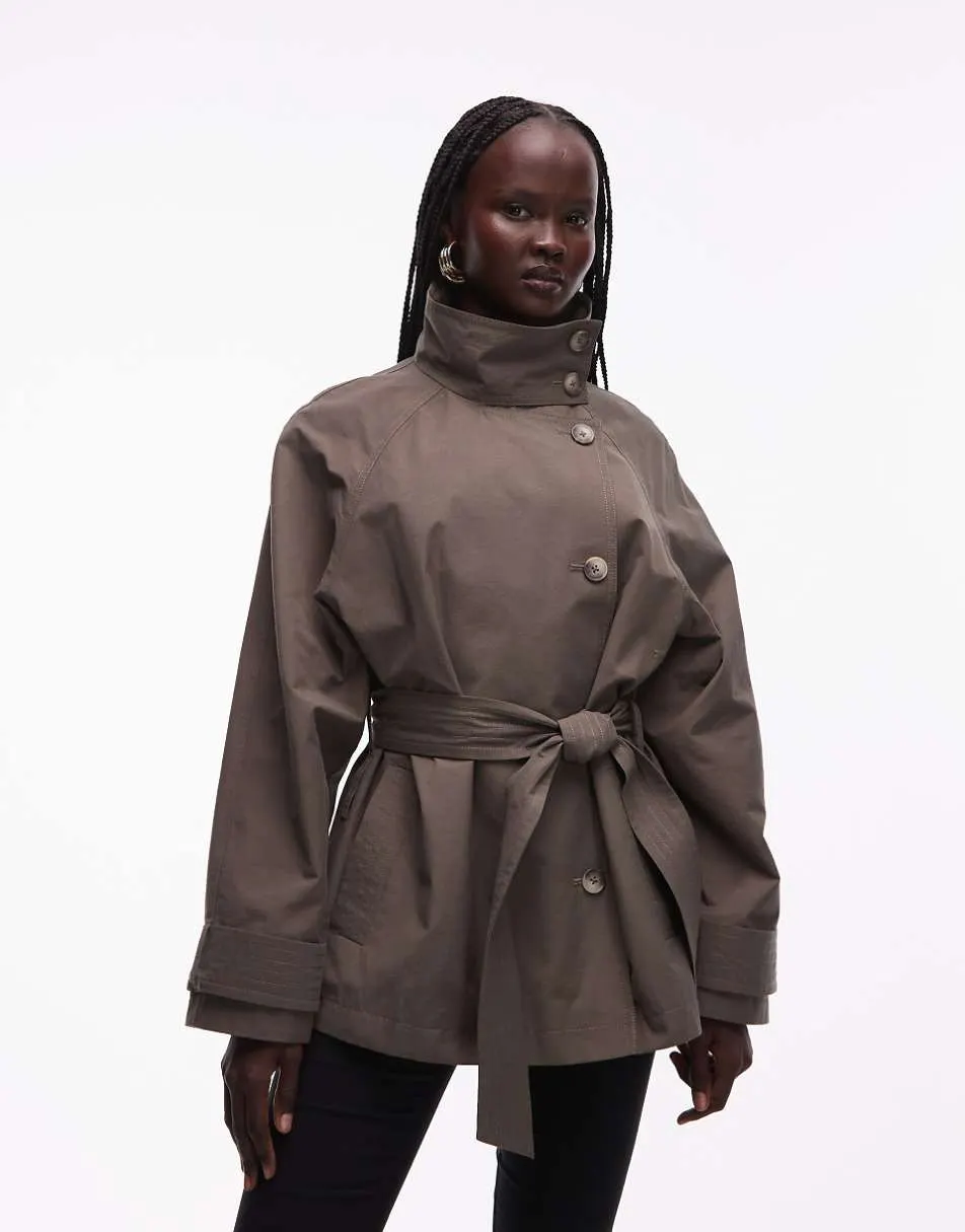 ASOS DESIGN funnel neck tie belt trench coat in mushroom