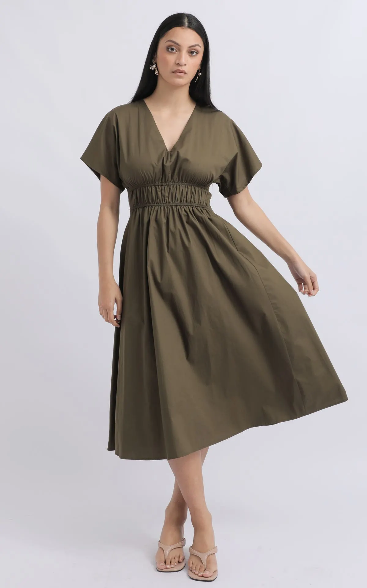 Cotton Poplin Ruched Midi Dress