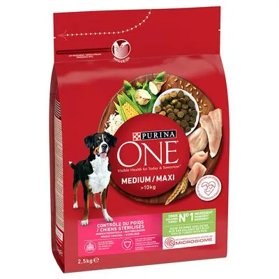 Lot PURINA ONE pour chien Medium/Maxi Contrôle du poids /Chiens stérilisés dinde, riz (2 x 2,5 kg)