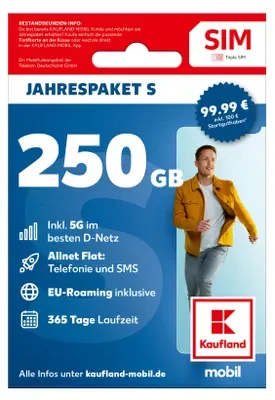 KAUFLAND MOBIL Prepaid SIM Jahrespaket Smart S (250 GB) mit 5G im besten D-Netz