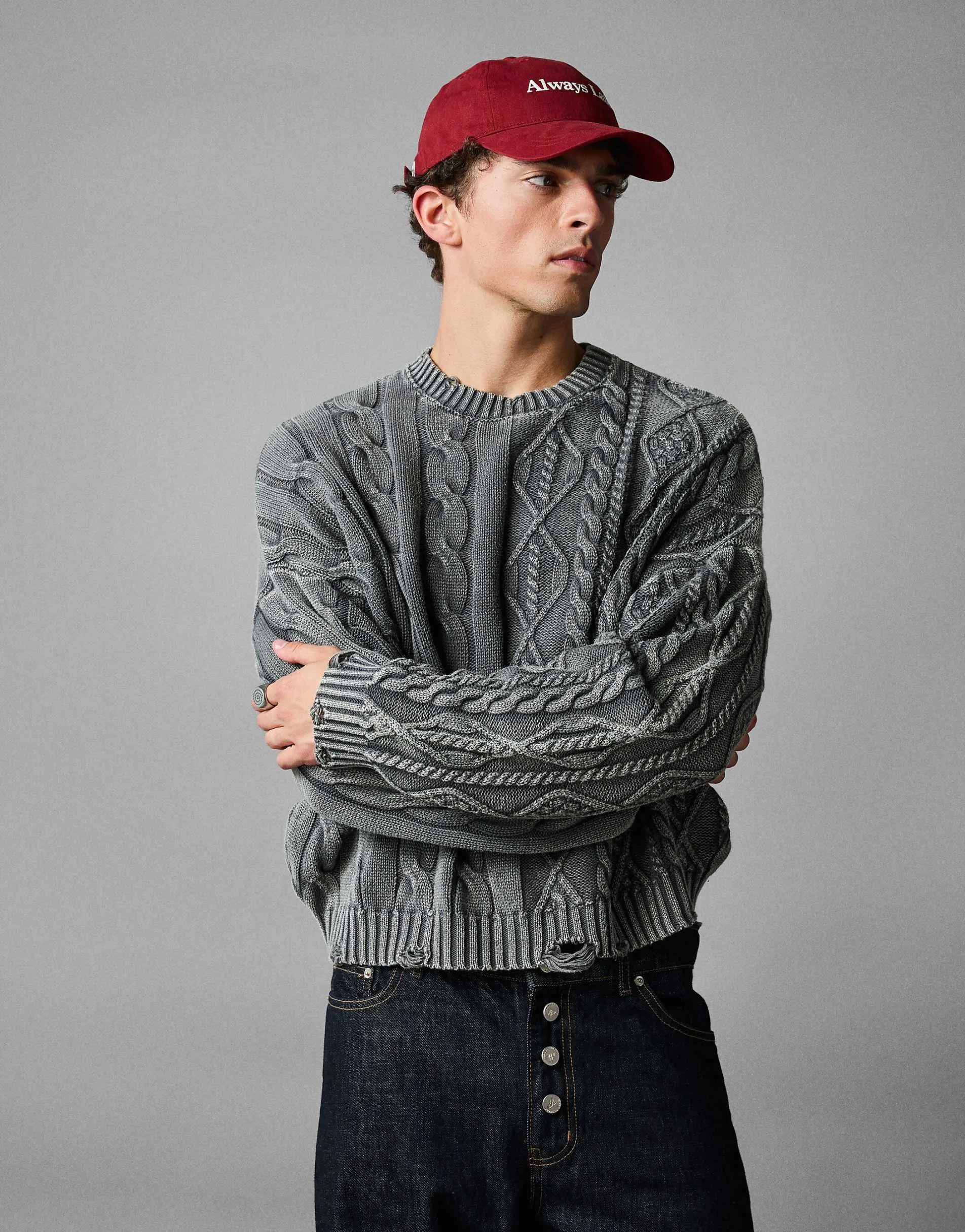 Bershka Washed cable-knit jumper in grey&black