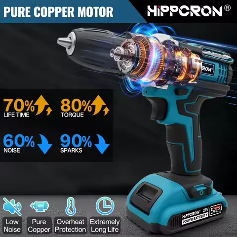 HIPPCRON 21V Cordless Impact Drill Driver Kit 50N·m 25+3 Torque 3/8" Keyless Chuck LED Light Fast Charge Battery +24PCS Accessories