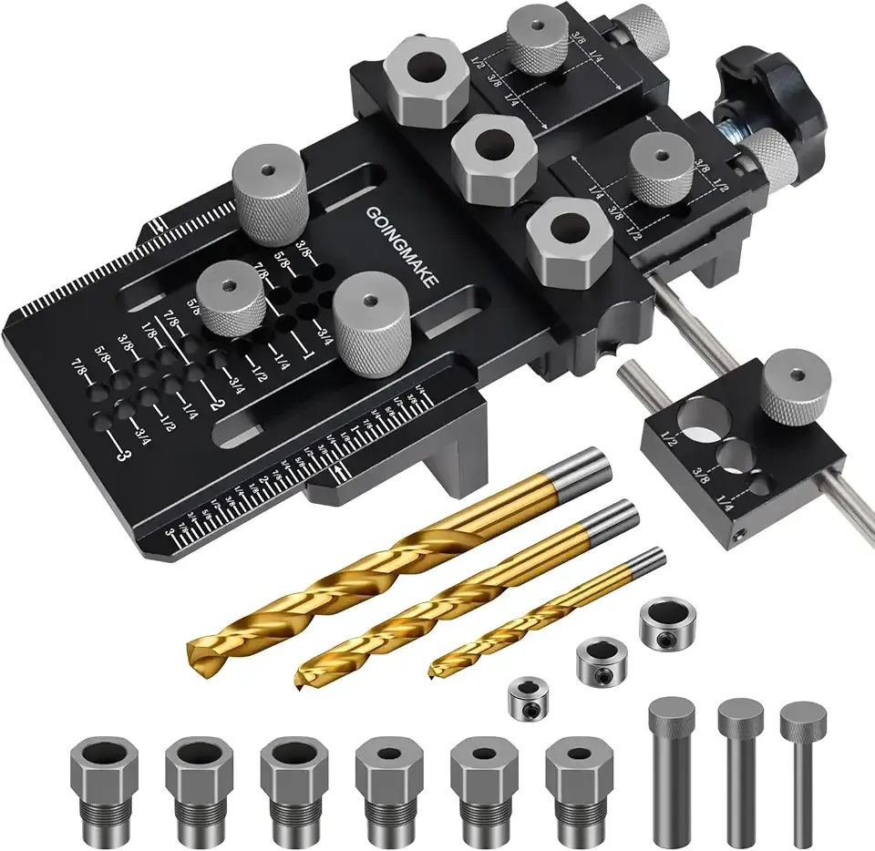 Dowel Jig Kit with Quick Positive Stop and Clamp, Adjustable Doweling Jig for Drill 1/4, 3/8 and 1/2 Inch Accurate Straight Dowel Holes, Fit Any Thickness Wood Joints, for Cabinet, Furniture