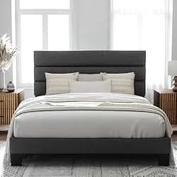 Allewie Queen Size Platform Bed Frame with Fabric Upholstered Headboard and Wooden Slats Support, Fully Upholstered Mattress Foundation/No Box Spring Needed/Easy Assembly, Dark Grey