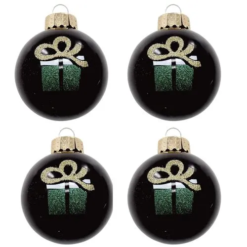 Enchanted Forest® 2.75" Black with Green & Gold Presents Glass Ornaments - 4 Pack