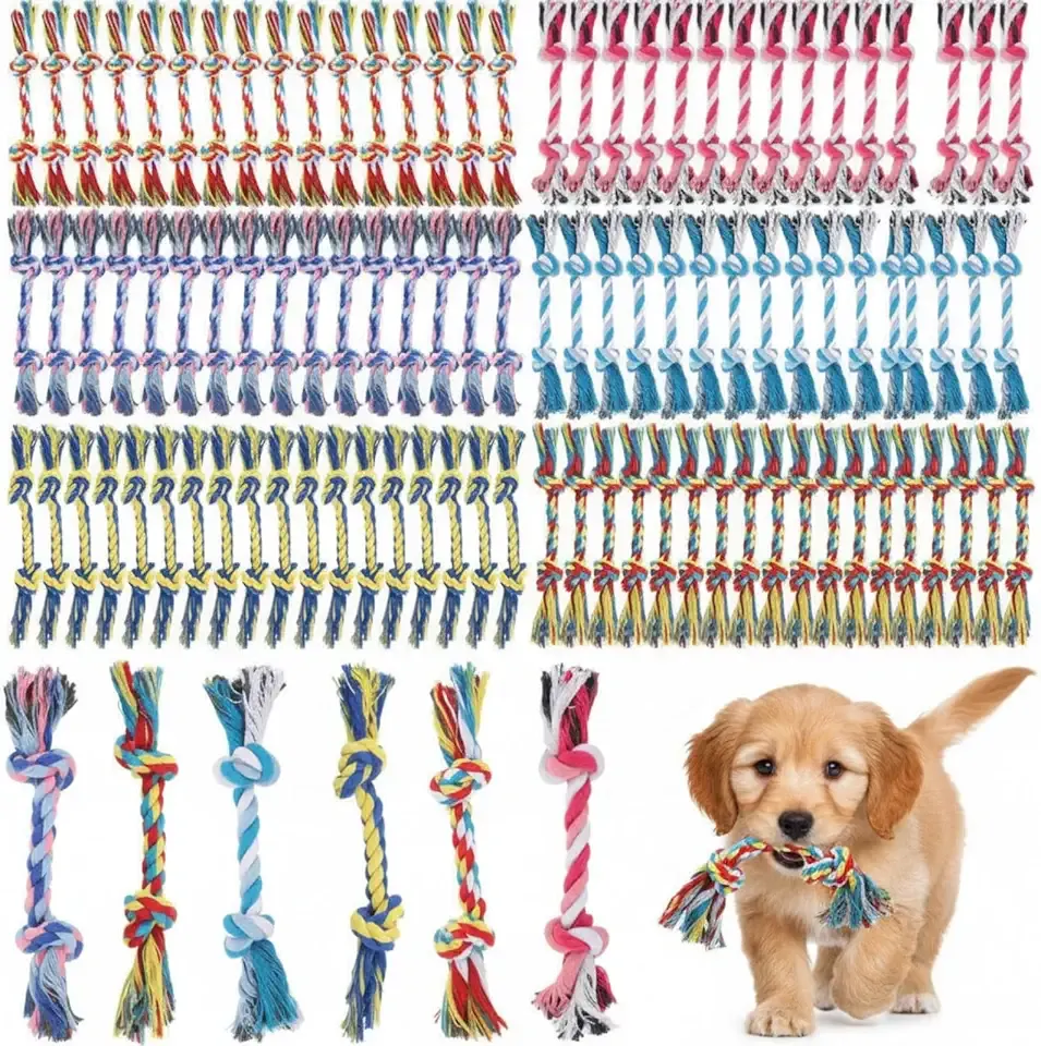 RoundFunny 100 Pcs Knot Rope Dog Toys Multi Color Puppy Chew Toy Cotton Puppy Dental Teething Toys 2 Knot Dog Tug for Small and Medium Dogs Aggressive Chewers Supplies