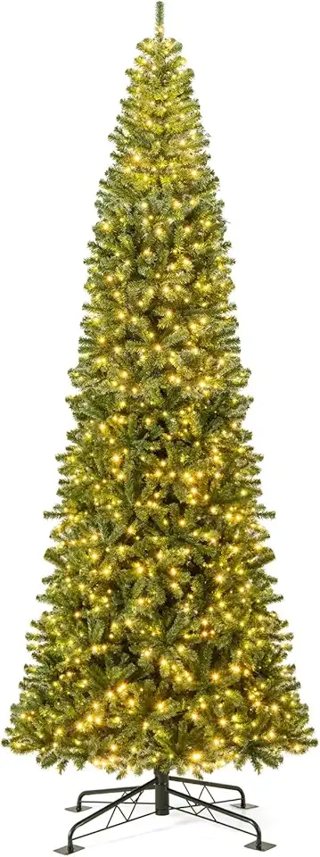 Goplus 12 FT Pre-Lit Artificial Christmas Tree, Hinged Xmas Tree with Quick Power Connector, 2536 PVC Branch Tips, 1030 Warm White LED Lights, 8 Expansion Screws, Indoor Outdoor Holiday Decoration
