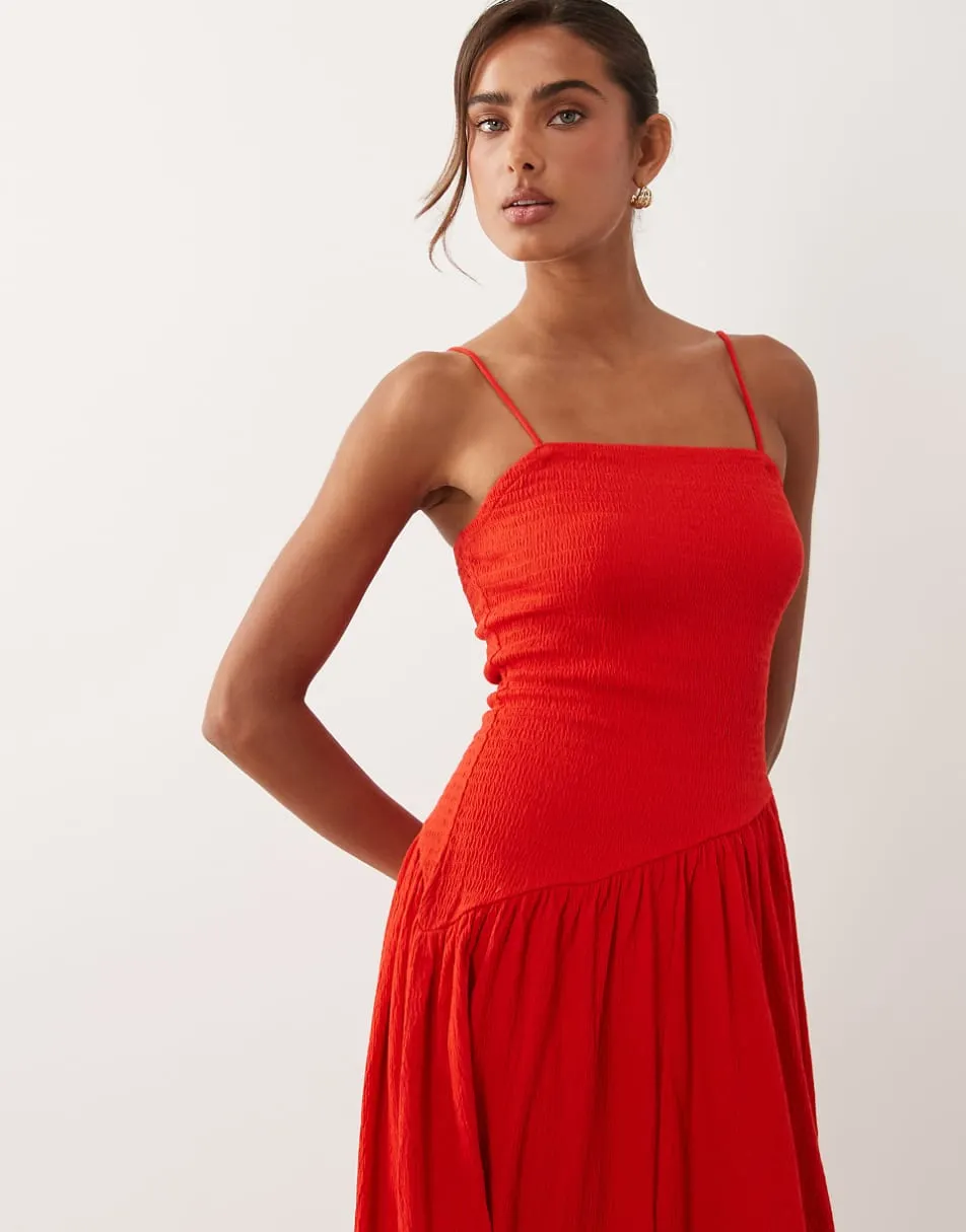 ASOS DESIGN crinkle cami tie back midi dress with asym waist in red