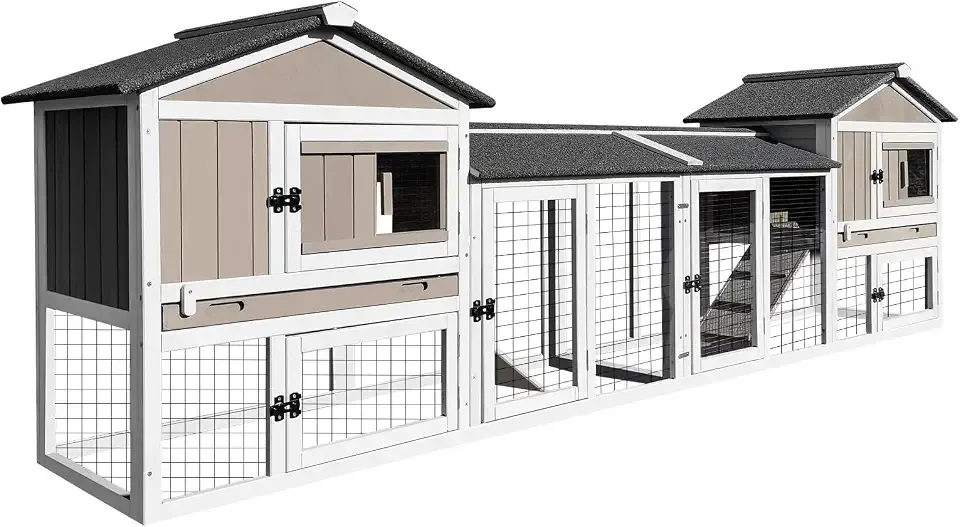 Rabbit Hutch Indoor and Outdoor 2-Story Rabbit Cage with Pull Out Tray,Fir Wood Pet House with Wooden Ramp,Waterproof Bunny Cage Indoor with 2 Asphalt Roofs,Grey