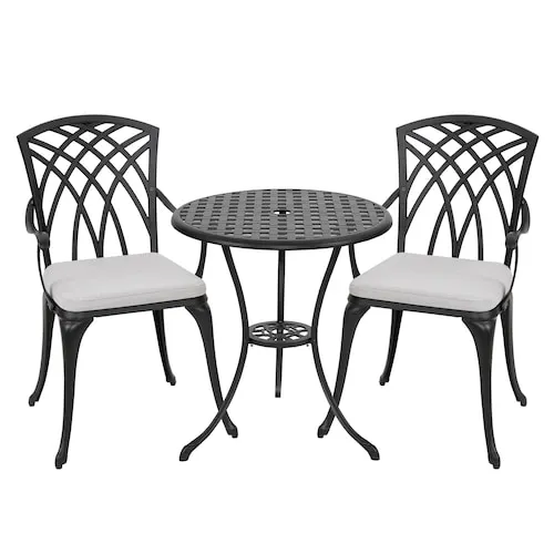Nuu Garden 24 Inch Cast Aluminum Bistro Table and 2 Bistro Chairs with Grey Cushions