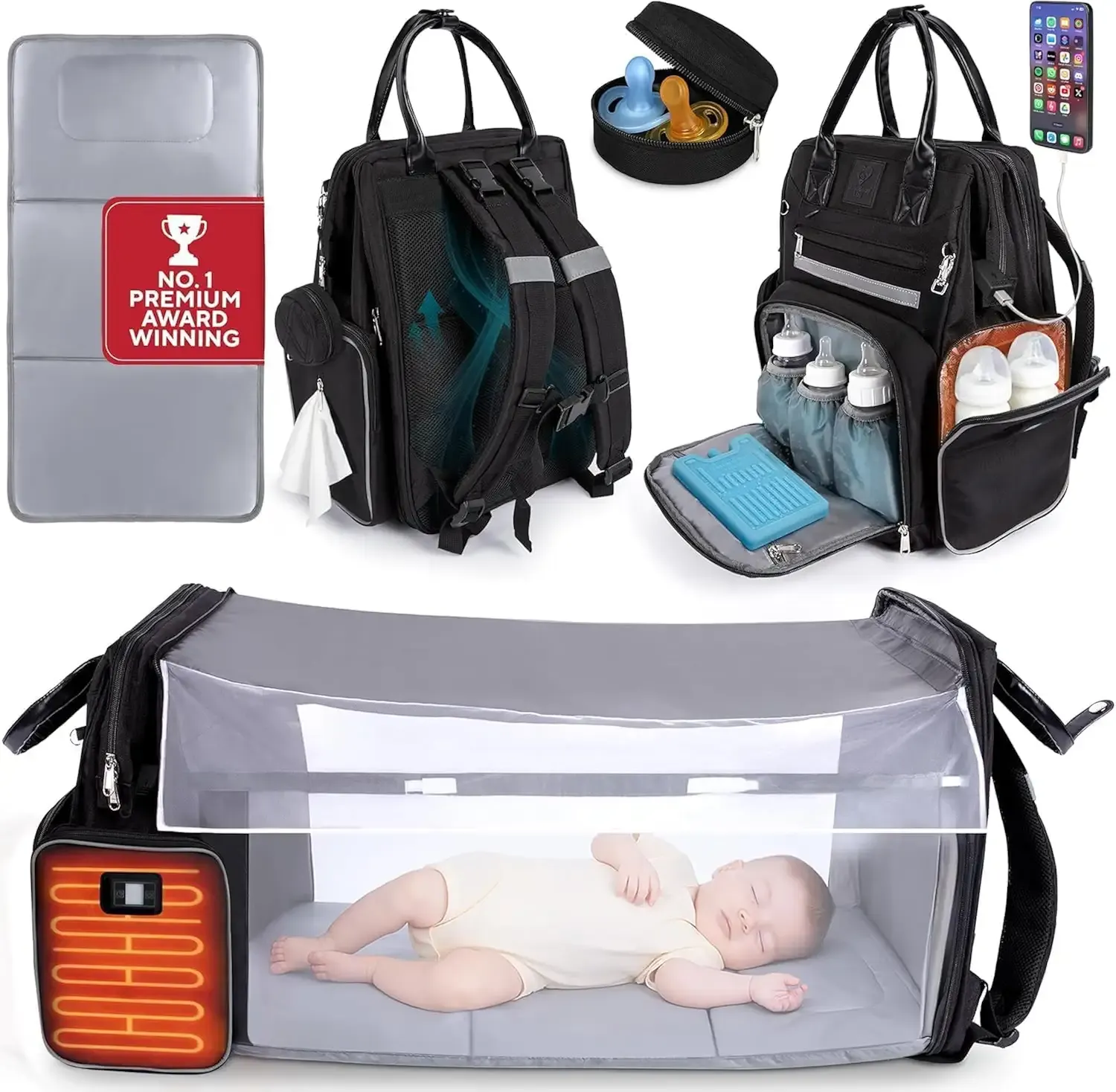 Premium Baby Diaper Bag with Changing Station (Black & Grey/Black) | Award-winning, built-in changing station, warming pockets, waterproof, travel ready, unisex