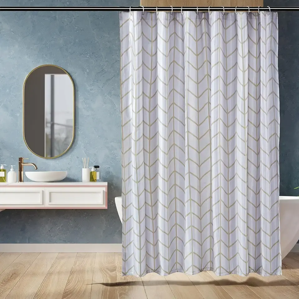 Amazon Basics Bathroom Shower Curtain, Water Resistant Fabric with Weighted Hem, Rust Resistant Grommets & Hooks, Machine Washable, 72"x72", Natural Herringbone