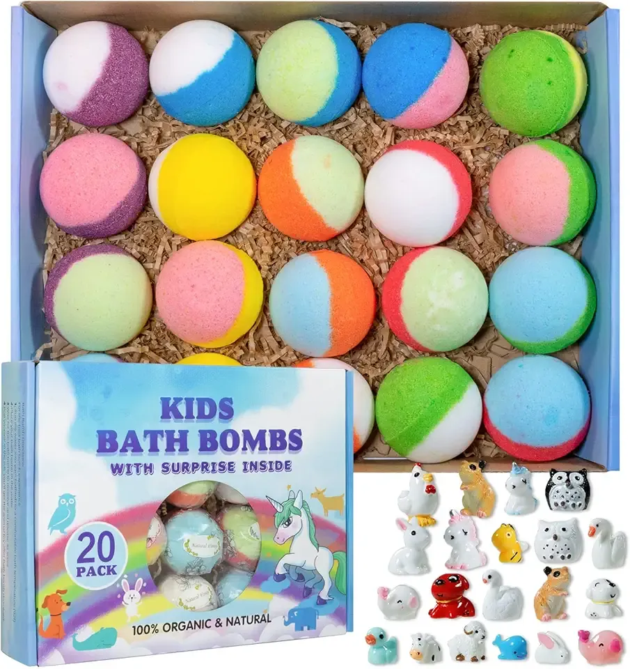 Bath Bomb Gift Set with Toys Inside, 20 Pack Organic Bath Bombs for Kids, Kids Safe Handmade Fizzy Balls for Kid, Ideal Birthday Gift for Boys & Girls