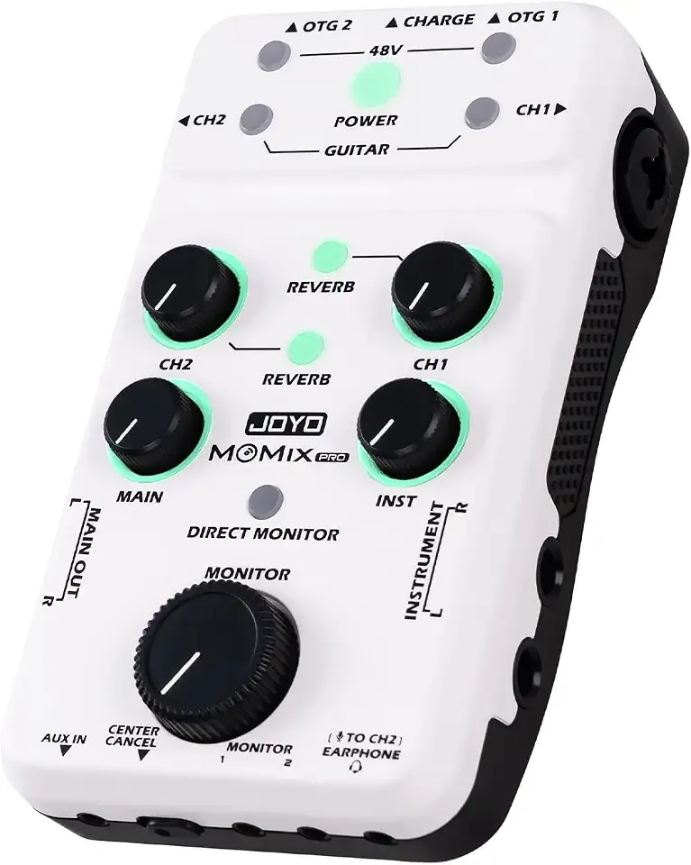 JOYO Portable Audio Mixer Rechargeable USB Audio Interface with 48V Phantom Power, Stereo Output for Live Streaming, Guitar & Vocals on iPad/Phone (MOMIX PRO)