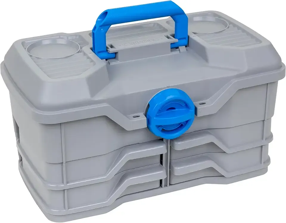 Flambeau Outdoors Next Gen 4/0 Medium Fishing Tackle Box - 4 Pivot Trays, 23 Compartments, Includes 25-piece Tackle Kit, Fishing Tackle and Gear Storage, Fishing Lure Organizer, Light Gray