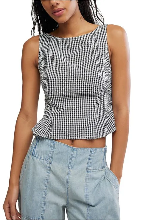 Free People Sunfaded Gingham Peplum Top