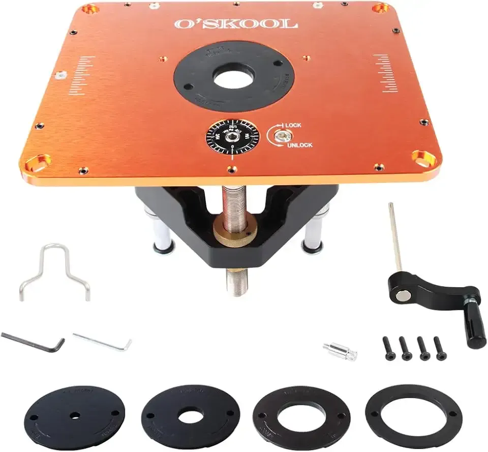 O'SKOOL Router Lift System,4.2" Router Motor Fit, Aluminum Plate | 11-3/4" X 9-1/4" Router Table Insert Plate With Cam Wheels And Leveling Screws For Better Fit And Alignment, RTS013