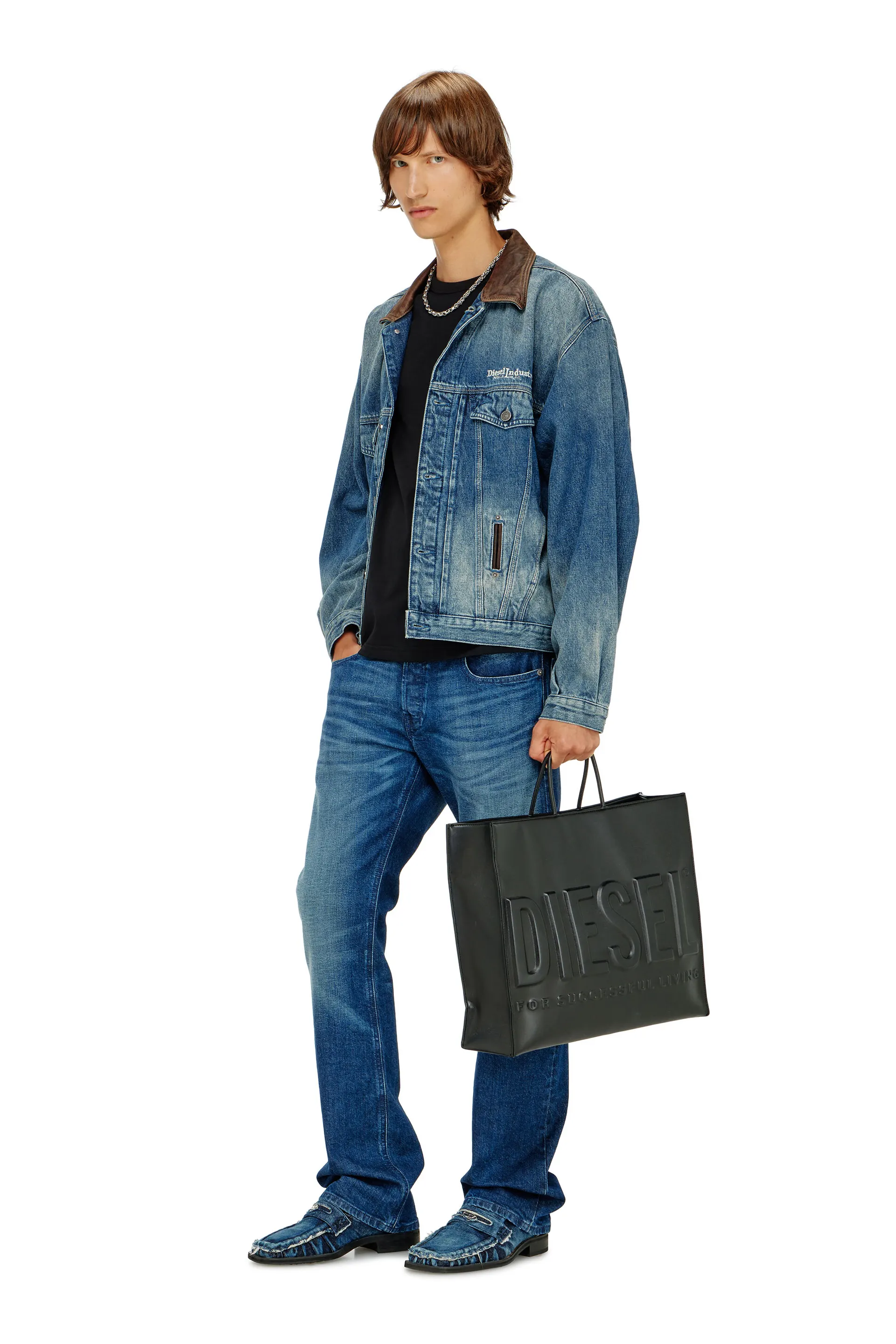 Denim trucker jacket with contrast leather trims