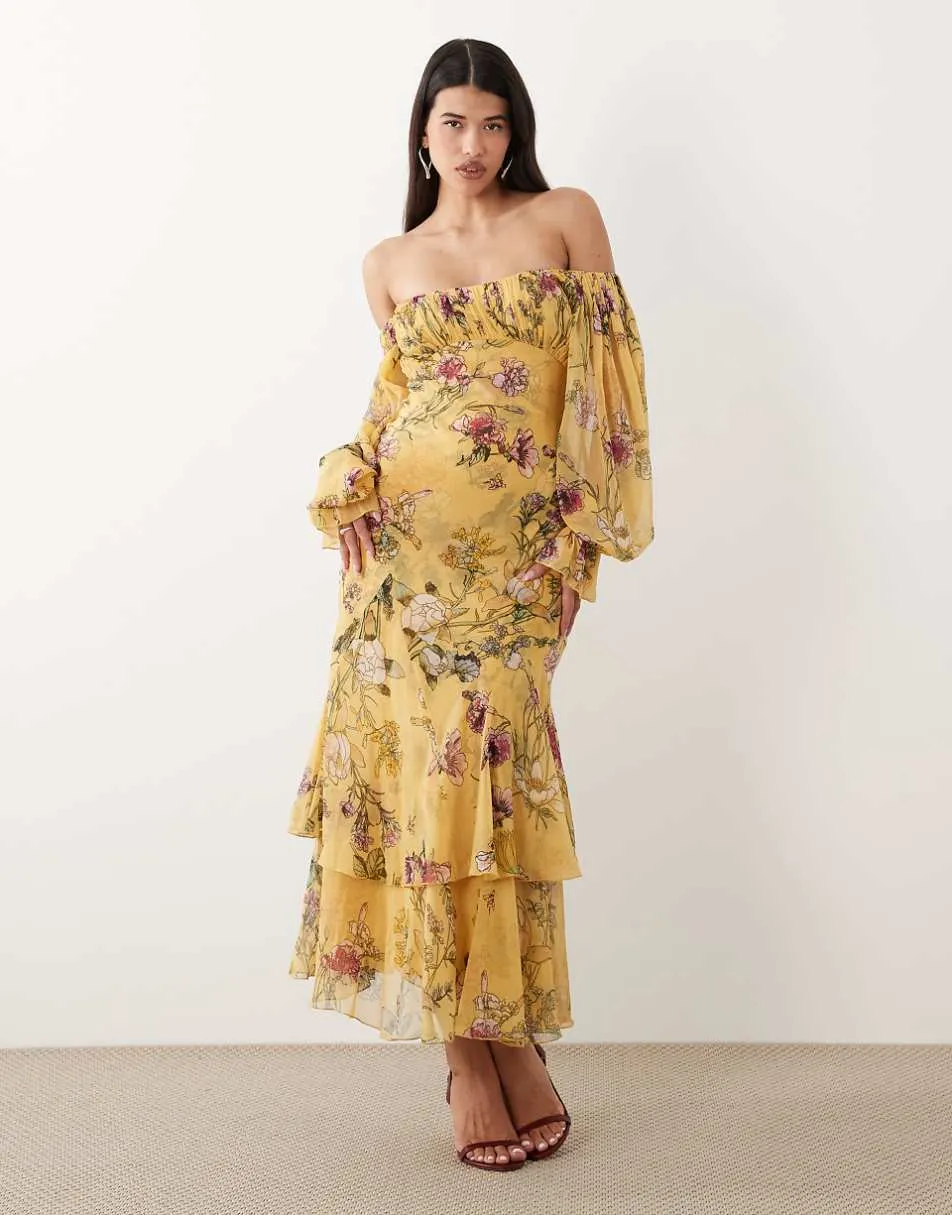 ASOS DESIGN bardot ruffle maxi dress with tiered godets and blouson sleeves in yellow floral
